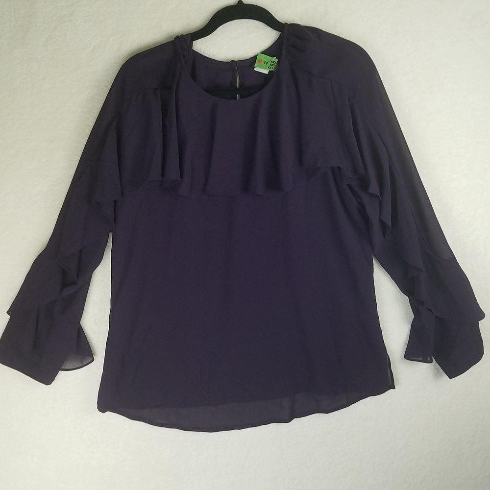 Cupio Women's M Purple Long Sleeve Ruffle Sleeve Keyhole Back Top‎ Blouse